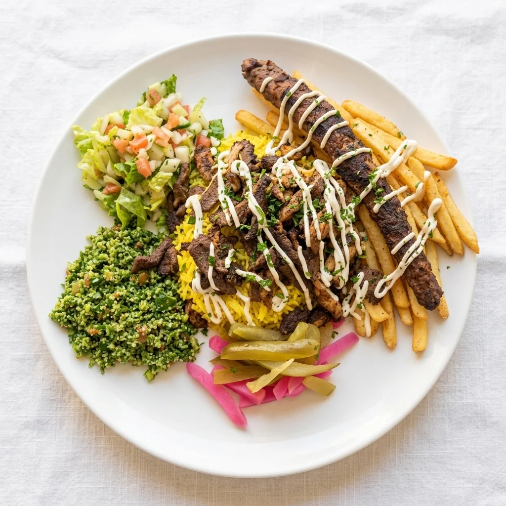 Mixed meat shawarma platter at Habibiz Cafe Winnipeg - chicken and lamb with rice, salad, and sauces